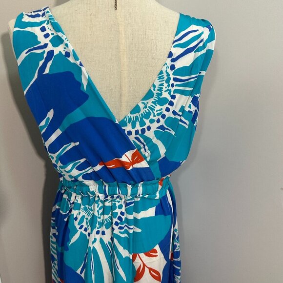 Sleeveless Silk-Inspired Dress with Blue & Orange Botanical Pattern (SIZE 6) - Picture 3 of 16